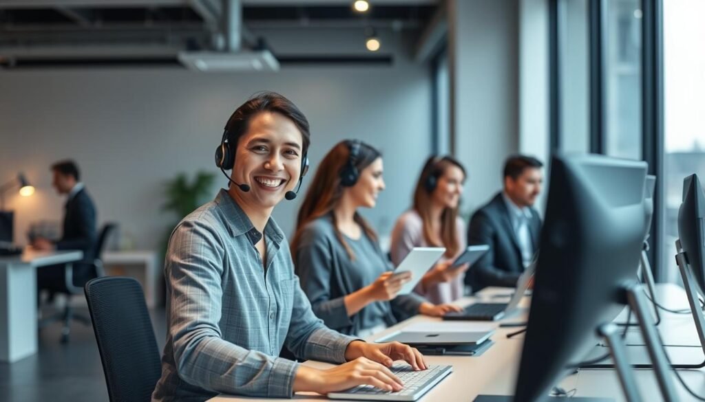 A modern, sleek customer support center with a team of helpful representatives assisting clients. In the foreground, a person wearing a headset smiles warmly while typing on a computer. In the middle ground, several other support agents are engaged in lively conversations, their faces expressing empathy and focus. The background features a minimalist, open-concept office design with large windows allowing natural light to flood the space. Subtle ambient lighting creates a welcoming atmosphere, while the color palette of grays, blues, and whites conveys a sense of professionalism and efficiency. The overall scene radiates a spirit of attentive, high-quality customer service.