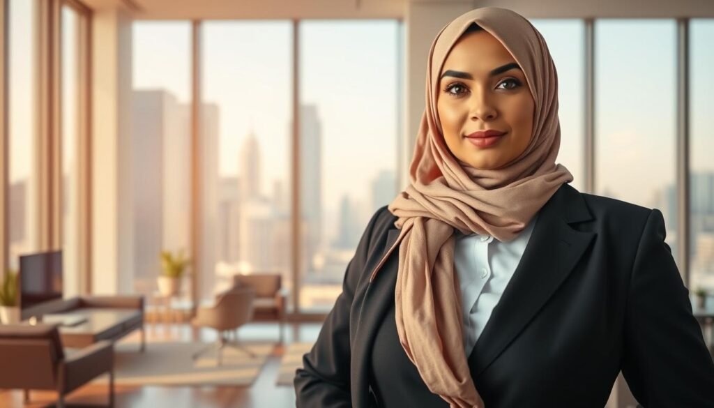 A powerful Arab businesswoman stands tall, her confident gaze radiating determination. Draped in a traditional hijab, she commands the room with her poised presence. In the foreground, her tailored blazer and crisp button-up shirt convey a polished, professional demeanor. The middle ground reveals a modern, minimalist office setting, with sleek furniture and floor-to-ceiling windows flooding the space with warm, natural light. In the background, a cityscape of towering skyscrapers reflects the influence and impact of her leadership. This image captures the essence of a trailblazing businesswoman, advocating for women in the industry with unwavering resolve and grace.