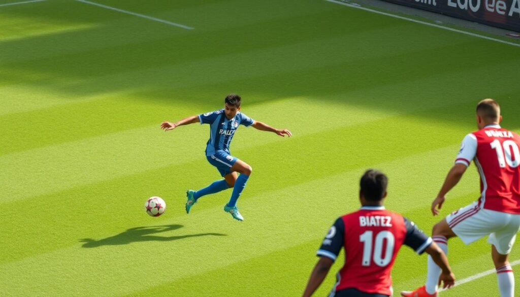 A professional footballer, Brahim Díaz, masterfully orchestrates the midfield, his swift movements and precise passing captivating onlookers. Positioned centrally, he weaves intricate tapestries of play, linking the defense and offense with seamless transitions. Crisp, angled passes slice through opposing lines, while his ability to read the game allows him to anticipate and intercept. Díaz's technical proficiency shines as he effortlessly dribbles past defenders, his low center of gravity and nimble footwork leaving them in his wake. Under natural lighting, captured by a wide-angle lens, the scene depicts Díaz's influential role, his dynamic play style bringing the match to life.