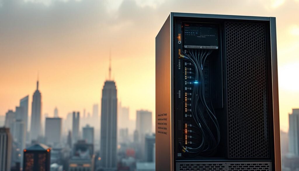 A sleek, high-performance proxy server standing tall, its metallic chassis gleaming under warm, focused lighting. The intricate network of cables and ports visible, hinting at the powerful data processing capabilities within. In the background, a hazy cityscape with towering skyscrapers, symbolizing the vast scope of Bright Data's web data extraction solutions. The overall scene conveys a sense of efficiency, reliability, and technological sophistication, perfectly encapsulating the "Bright Data's Proxy Performance" concept.