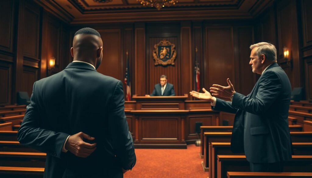 A tense courtroom scene with two opposing lawyers passionately arguing before a stern-faced judge. The foreground features a hip-hop artist in a sharp suit, nervously fidgeting as the legal battle unfolds around him. The middle ground showcases the lawyers, one gesturing emphatically, the other coolly cross-examining. The background depicts a dimly lit courtroom, with high ceilings, wooden benches, and a somber, serious atmosphere. Warm, dramatic lighting casts dramatic shadows, heightening the gravity of the proceedings. The overall mood is one of high-stakes legal drama, reflecting the tumultuous legal battles that often plague the hip-hop industry.