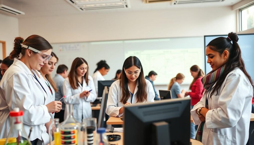 A vibrant classroom setting, with a diverse group of female students engaged in STEM-related activities. In the foreground, a group of young women in lab coats and safety goggles, intently focused on a science experiment. Behind them, others are huddled around a computer, coding or analyzing data. The middle ground features students collaborating on an engineering project, using various tools and materials. In the background, a large, interactive whiteboard displays diagrams and equations, illuminated by natural light streaming through the windows. The atmosphere is one of intellectual curiosity, teamwork, and a sense of empowerment, capturing the spirit of advancing education and inspiring future generations of female STEM leaders.