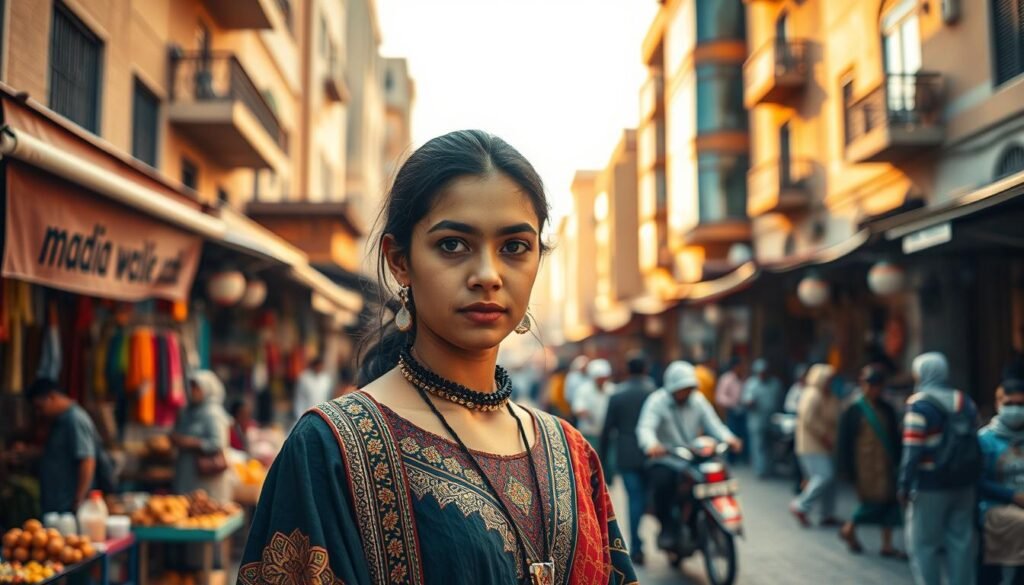 A vibrant scene of a young woman's early life and cultural integration. In the foreground, she stands confidently, her gaze direct and determined, dressed in traditional North African attire. The middle ground features a bustling market, with vendors selling colorful wares and local residents going about their daily lives. In the background, a blend of modern and historic architecture creates a visually striking contrast, reflecting the intertwining of old and new. Warm, golden light filters through, casting a welcoming glow and evoking a sense of vitality and optimism. The overall composition conveys a powerful narrative of personal growth, cultural heritage, and the dynamic process of integration.