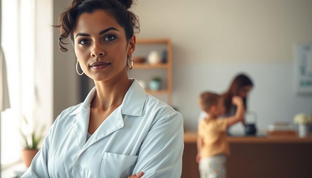 A woman in a white lab coat stands at the forefront, her expression determined as she navigates the challenges of a STEM career. In the background, a family setting with a young child tugs at her sleeve, symbolizing the demands of motherhood. The lighting is soft and natural, casting a warm glow that highlights the contrast between her professional and personal roles. The scene is framed with subtle patterns and textures, conveying the complex interplay of gender bias and the pursuit of scientific excellence.