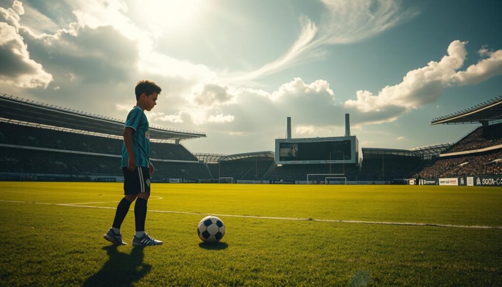 A young Brahim Díaz, standing confidently on a lush, verdant football pitch. Sunlight filters through wispy clouds, casting a warm, golden glow across the scene. In the foreground, Díaz's sharp, focused gaze is locked on the ball at his feet, his body poised for explosive movement. The middle ground reveals his skillful dribbling, his nimble footwork leaving defenders in his wake. In the distance, the silhouettes of towering stadiums and cheering fans suggest a future of triumph and accolades. The atmosphere exudes a palpable sense of potential, hinting at the boundless possibilities that lie ahead for this rising star of the beautiful game.