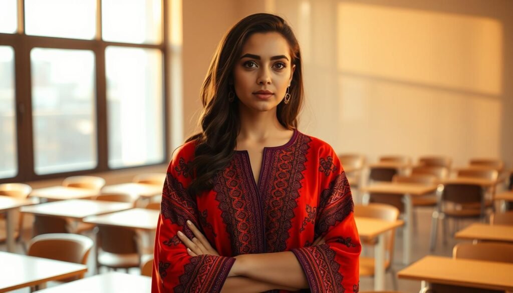 A young Moroccan woman dressed in a traditional kaftan stands confidently in a classroom setting, her gaze focused and determined. The warm, golden lighting casts a soft glow, highlighting the rich colors and intricate patterns of her attire. In the background, rows of desks and chairs suggest an academic environment, while a large window allows natural light to flood the space, creating a sense of openness and possibility. The woman's posture and expression convey a strong sense of ambition and intellect, embodying the spirit of a rising business leader.