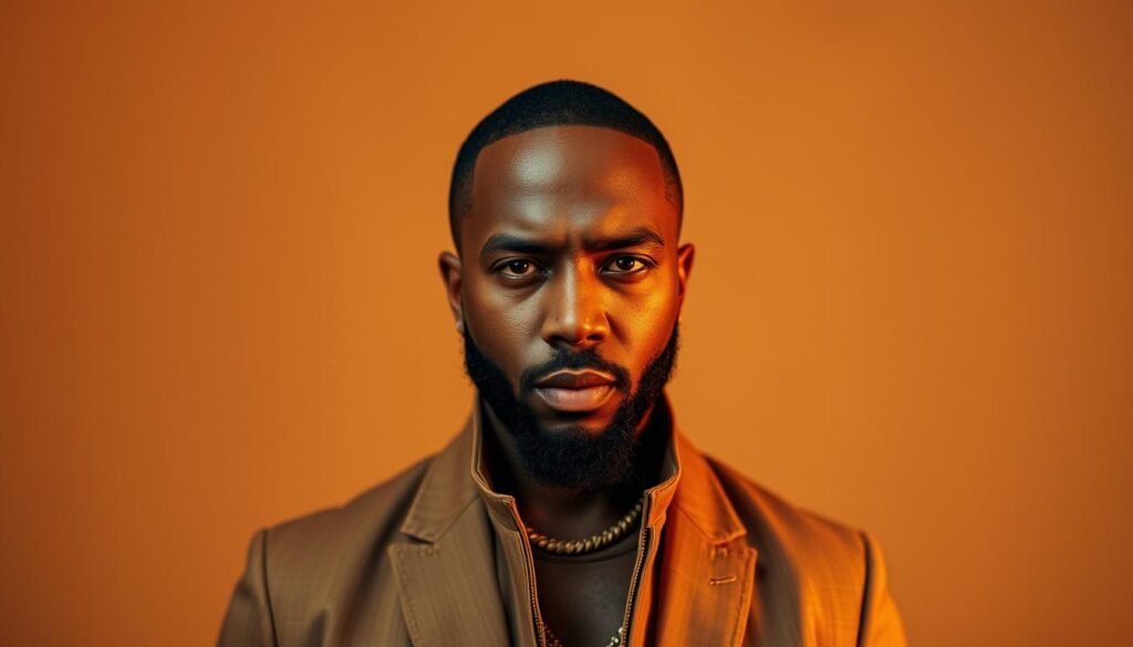 An exquisite album cover for the French Montana release "Excuse French" - a minimalist design against a muted, earthy backdrop. In the foreground, a striking portrait of the rapper, his gaze intense and commanding. Subtle textures and light-play lend a sense of depth and artistry. The composition is balanced, with ample negative space to allow the subject to command attention. Warm, muted tones of ochre, sienna, and amber create a sophisticated, high-fashion aesthetic. The overall tone is one of confidence, charisma, and a touch of French flair.