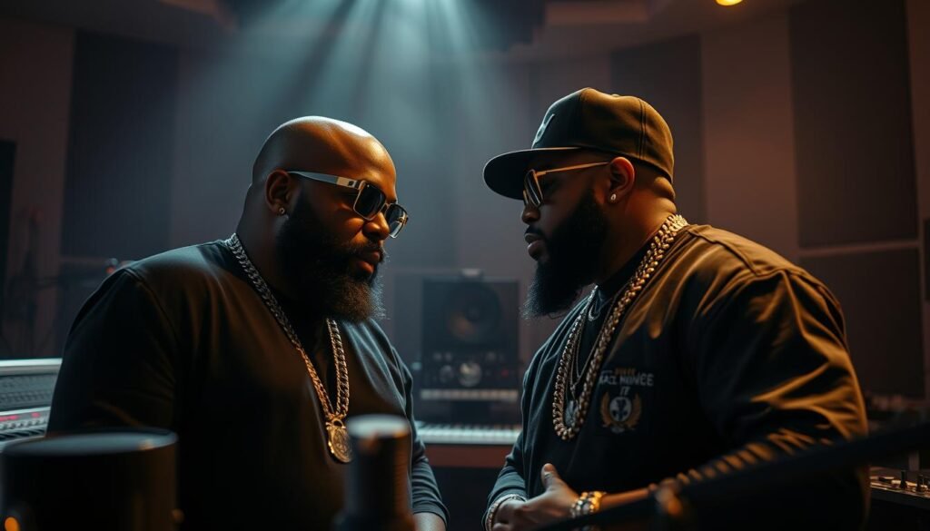 Portrait of renowned hip-hop artists Rick Ross and French Montana collaborating on a musical project. The two rappers are depicted in a dimly lit studio setting, with a warm, atmospheric lighting that casts dramatic shadows across their faces. They are leaning in towards each other, engaged in an intense discussion, surrounded by various recording equipment and instruments. The overall mood is one of creative energy and artistic synergy, reflecting the iconic nature of their musical partnership. The composition is balanced, with the artists occupying the central focus, while the background maintains a degree of visual interest and depth.
