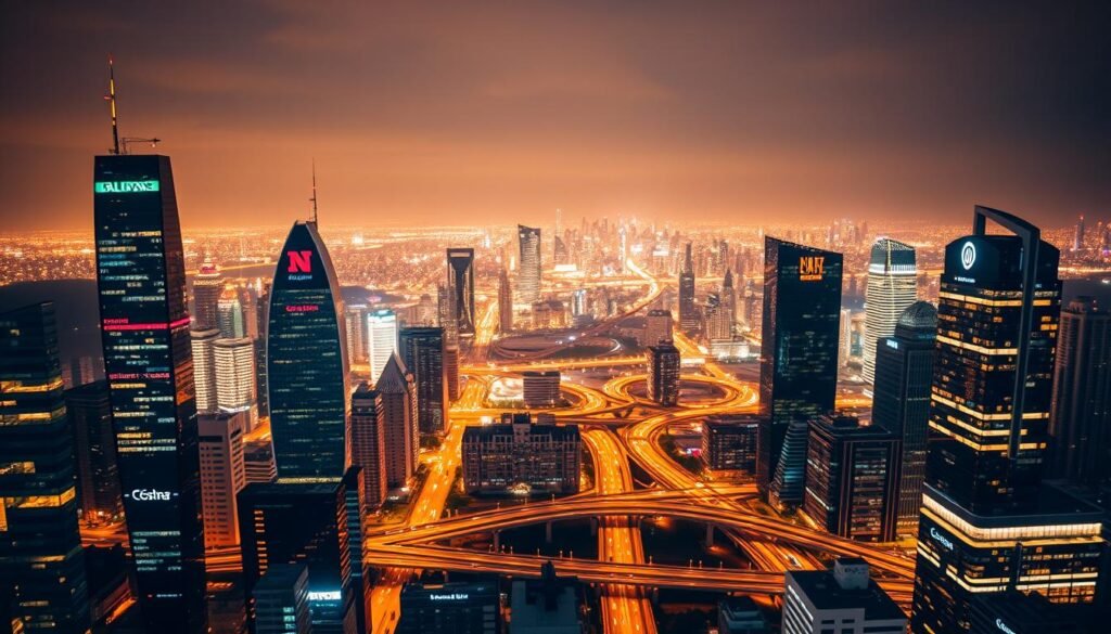 A bustling cityscape, showcasing the competitive landscape of sales intelligence tools. In the foreground, sleek high-rise buildings housing the headquarters of leading sales tech companies, their logos illuminated against the night sky. In the middle ground, a network of interconnected roads and bridges, bustling with the activity of sales professionals navigating the digital landscape. In the background, a vibrant skyline, reflecting the dynamism and innovation of the sales intelligence industry. The scene is lit by a warm, golden glow, creating a sense of energy and urgency, reflecting the high-stakes nature of the competitive sales landscape. The image conveys the complexity, diversity, and rapid evolution of the sales intelligence market, setting the stage for the discussion of Lusha's position within this dynamic ecosystem.