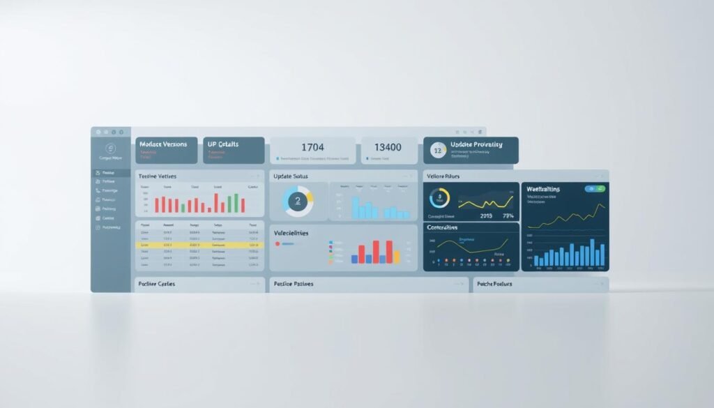 A comprehensive patch management dashboard presented in a clean, modern interface. The foreground features a central dashboard with various panels displaying software versions, update status, and vulnerability details. The middle ground showcases intuitive visualizations and graphs, providing at-a-glance insights into the organization's patching posture. The background depicts a subtle gradient or texture, lending a sophisticated, enterprise-grade aesthetic. Soft lighting and a muted color palette create a professional, focused atmosphere, emphasizing the dashboard's functionality and the importance of robust patch management.