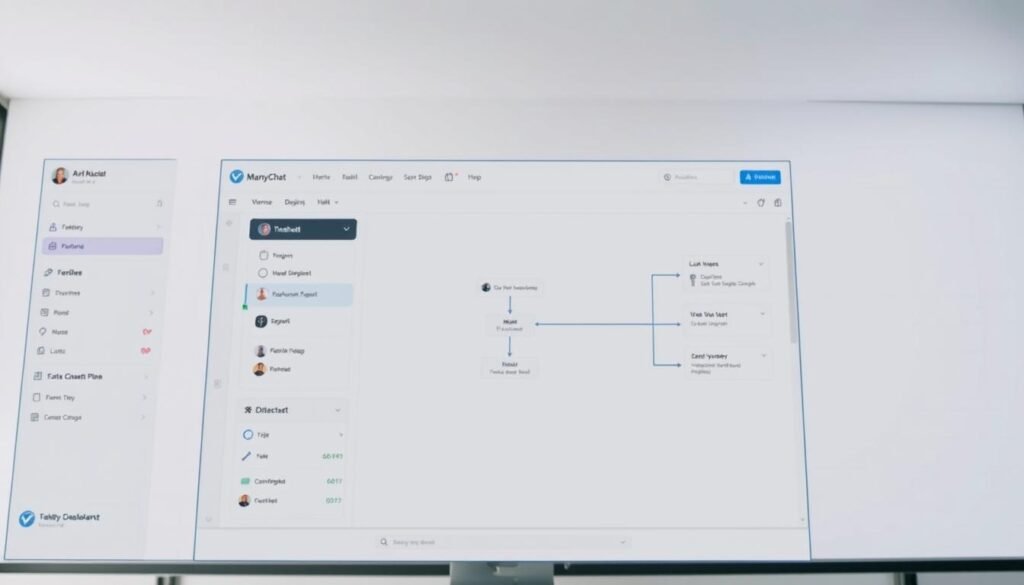 A highly detailed and interactive user interface flow builder in the Manychat platform. The foreground showcases a clean, intuitive dashboard with a visual workflow editor, allowing users to seamlessly design and customize their chatbot experiences. The middle ground features a variety of modules, tools, and settings, enabling precise configuration of each step in the flow. The background depicts a sleek, minimalist interface with a subtle grid pattern, conveying a sense of structure and organization. The lighting is soft and diffused, creating a calm and professional atmosphere. The camera angle provides a slightly elevated perspective, giving a comprehensive view of the entire interface. The overall impression is one of a powerful, user-friendly tool that empowers businesses to craft engaging and efficient chatbot experiences.