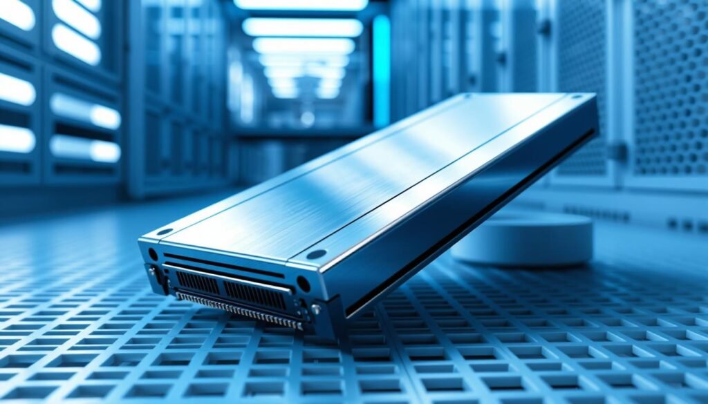 A shiny, silver NVMe SSD storage device takes center stage, surrounded by a crisp, clean, and well-lit technical environment. The device's sleek, modern design and metallic finish capture the eye, conveying a sense of power and performance. In the background, a subtle grid pattern on the floor and walls adds a touch of industrial elegance, while soft blue lighting casts a cool, calming glow, emphasizing the SSD's advanced technology. The overall composition suggests speed, efficiency, and the cutting-edge capabilities of this storage solution, perfectly aligning with the article's focus on the advantages of NVMe SSD storage and performance.