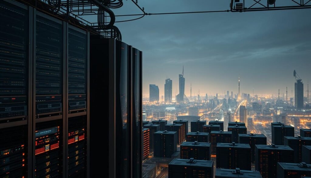 A vast, interconnected network of sleek, high-tech data centers spanning the globe, illuminated by a soft, ambient glow. In the foreground, server racks and cooling systems hum with efficiency, their intricate cables and blinking lights conveying the flow of data. The middle ground features towering server towers, their angular facades reflecting the surrounding cityscape. In the distant background, satellite dishes and communication towers dot the horizon, symbolizing the global reach of this digital infrastructure. The lighting is carefully balanced, casting dramatic shadows and highlights to accentuate the technological sophistication. The overall atmosphere is one of power, connectivity, and unwavering reliability - a visual representation of the backbone that supports our modern digital world.