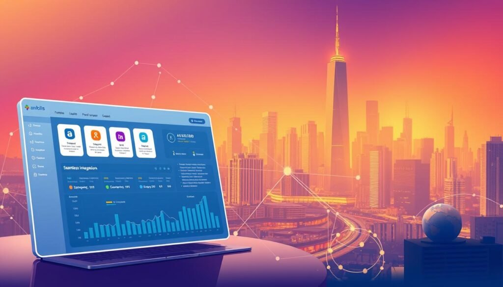 A vibrant, contemporary illustration of a third-party integrations platform. In the foreground, a sleek, minimalist dashboard interface showcases seamless integration between various software applications, represented by colorful icons and smooth transitions. The middle ground features interconnected data flows and API connections, depicted through elegant lines and geometric shapes. In the background, a cityscape backdrop hints at the global reach and enterprise-level capabilities of the platform, with towering skyscrapers and a bustling urban environment. The scene is illuminated by warm, directional lighting that casts subtle shadows, creating a sense of depth and sophistication. The overall mood is one of technological prowess, efficiency, and the power of interconnected systems.