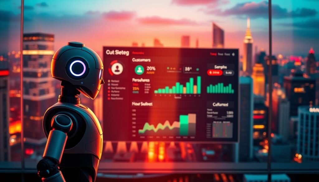 A vibrant digital interface showcasing the marketing benefits of chatbot automation. In the foreground, a stylized chatbot avatar interacts with customer icons, highlighting seamless engagement. The middle ground features a sleek dashboard displaying performance metrics and user analytics. In the background, a dynamic cityscape backdrop symbolizes the scalability and reach of automated marketing solutions. Warm lighting casts an inviting glow, while a modern, minimalist aesthetic conveys professionalism and innovation. Seamless integration and effortless customer experiences are the central themes, captured through a striking, visually compelling composition.