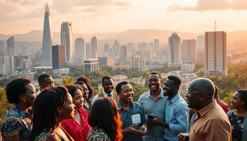A bustling African cityscape bathed in a warm, golden glow. In the foreground, a group of diverse entrepreneurs engaged in animated discussions, their faces alight with enthusiasm. In the middle ground, towering skyscrapers and modern office buildings symbolize the region's economic progress. The background is dotted with lush greenery, hinting at the continent's rich natural resources. The overall scene conveys a sense of boundless opportunity, innovation, and the growing momentum of venture capital investment in the African market.