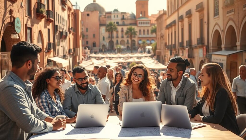 A bustling Moroccan business district, sun-drenched and vibrant. In the foreground, a group of confident, diverse entrepreneurs discussing strategy over a table of laptops and blueprints. The middle ground showcases a modern coworking space, filled with the energy of collaboration and innovation. In the background, the iconic architecture of Marrakesh frames the scene, hinting at the city's rich history and promising future. The lighting is warm and golden, capturing the spirit of entrepreneurial success. Shot with a wide-angle lens to encompass the dynamic atmosphere, this image encapsulates the transformative impact of the Emerging Business Factory on Morocco's entrepreneurial landscape.