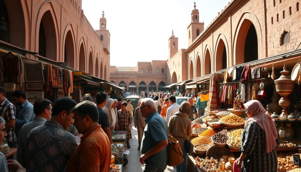A bustling Moroccan marketplace, brimming with vibrant colors and dynamic energy. In the foreground, a group of local merchants haggling over handcrafted goods, their expressions animated as they negotiate prices. The middle ground features an array of stalls displaying an assortment of spices, textiles, and ceramics, inviting visitors to explore and discover. In the background, the iconic architecture of Marrakech's historic medina sets the scene, with sun-dappled archways and towering minarets casting long shadows across the busy square. The lighting is warm and natural, captured through the lens of a wide-angle camera, conveying a sense of immersion and authenticity. The overall atmosphere evokes the sights, sounds, and aromas of a thriving Moroccan commercial hub, ripe for business opportunities and market research.