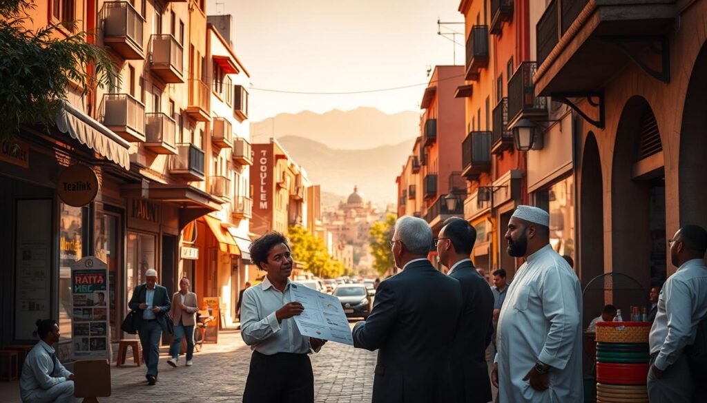 A bustling Moroccan street scene, illuminated by warm afternoon sunlight. In the foreground, a group of businesspeople in traditional dress stand engaged in animated discussion, gesturing towards a chart or document. The middle ground features a mix of shops, cafes, and office buildings, conveying a sense of commercial activity. In the background, the iconic silhouettes of the Atlas Mountains rise, hinting at the larger regional context. The overall atmosphere is one of contemplation and strategic planning, as the businesspeople consider their next steps and potential exit strategies for their ventures.