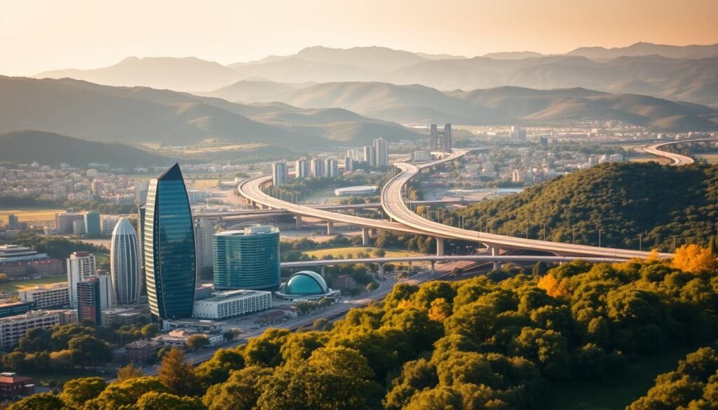 A bustling city skyline nestled in a verdant landscape, showcasing the dynamic interplay between urban entrepreneurship and regional influence. In the foreground, a modern office building with sleek architectural design, representing the hub of startup innovation. The middle ground features a network of roads and bridges, symbolizing the geographic reach and connectivity that empowers these enterprises. In the background, rolling hills and lush greenery provide a serene backdrop, hinting at the broader regional impact. The scene is illuminated by warm, golden light, creating an atmosphere of progress and prosperity. This image captures the essence of Bidaya Incubateur's role in fostering entrepreneurship that transcends local boundaries and shapes the broader regional landscape.