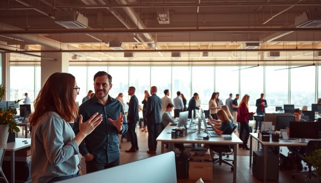 A bustling co-working space bathed in warm, natural light. In the foreground, two entrepreneurs engaged in a lively discussion, gesturing animatedly as they exchange ideas. In the middle ground, a diverse group of professionals networked and collaborated at sleek, minimalist workstations. The background reveals a panoramic city skyline, hinting at the endless opportunities awaiting these ambitious founders. The atmosphere is one of creativity, camaraderie, and collective determination to turn their entrepreneurial dreams into reality.