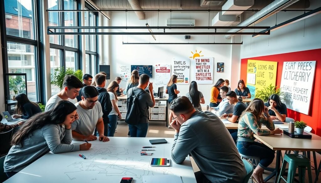 A bustling co-working space, flooded with natural light from large windows. In the foreground, young entrepreneurs huddle around a table, sketching ideas on a whiteboard. The middle ground features a series of interactive workshops, with mentors guiding small groups through exercises designed to hone their business skills. In the background, inspirational wall art and motivational quotes adorn the vibrant, colorful walls. The overall atmosphere conveys a sense of dynamism, creativity, and a collaborative spirit - the core of an effective entrepreneurial competencies development program.