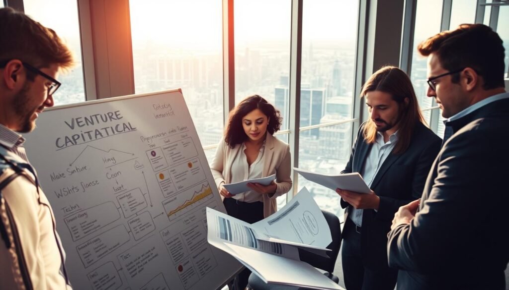 A bustling office space in a modern high-rise, with sunlight streaming through large windows. In the foreground, a team of venture capitalists pore over financial documents, their expressions intense as they discuss investment strategies. The middle ground features a dynamic whiteboard filled with colorful diagrams, charts, and timelines, illustrating the organizational evolution of a growing tech startup. In the background, a panoramic view of a vibrant city skyline, hinting at the broader landscape of the venture capital ecosystem. The lighting is warm and natural, capturing the energy and collaborative spirit of this forward-thinking workspace.