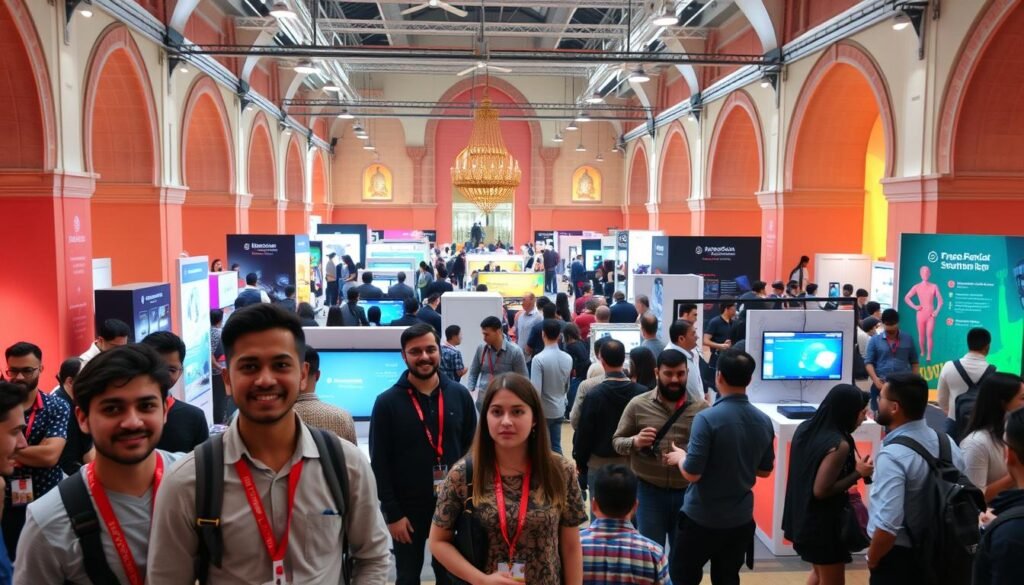 A bustling showcase of Moroccan startup innovation, showcasing a diverse array of cutting-edge technologies and groundbreaking ideas. In the foreground, a group of entrepreneurs confidently present their projects to a captivated audience, their faces alight with enthusiasm. The middle ground reveals a mix of interactive displays, virtual reality demos, and prototype demonstrations, all meticulously curated to highlight the country's thriving entrepreneurial spirit. In the background, the vibrant colors and architectural details of a modern Moroccan setting create a dynamic, immersive atmosphere, complementing the forward-thinking energy of the event. Soft, diffused lighting casts an ethereal glow, emphasizing the innovative spirit and potential of these promising Moroccan startups.