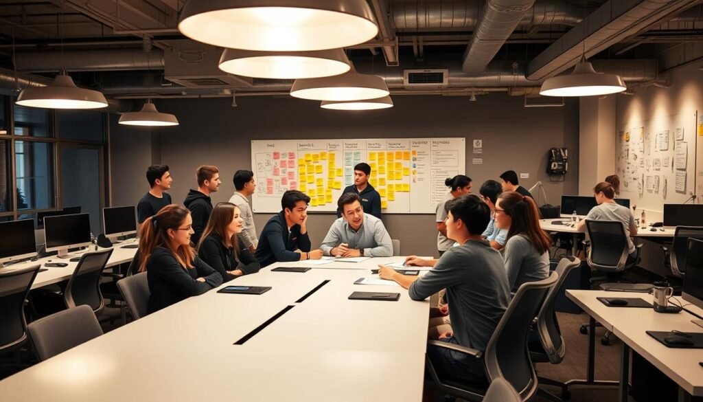 A bustling startup program workspace, bathed in warm, soft lighting from overhead lamps. In the foreground, a group of young, diverse entrepreneurs engaged in a lively brainstorming session around a sleek, minimalist conference table. Behind them, rows of ergonomic workstations where developers and designers collaborate on their projects. In the background, a large whiteboard covered in colorful sticky notes and diagrams, illustrating the program's structure and milestones. The atmosphere is one of focused energy and creative optimism, capturing the essence of a thriving entrepreneurial ecosystem.