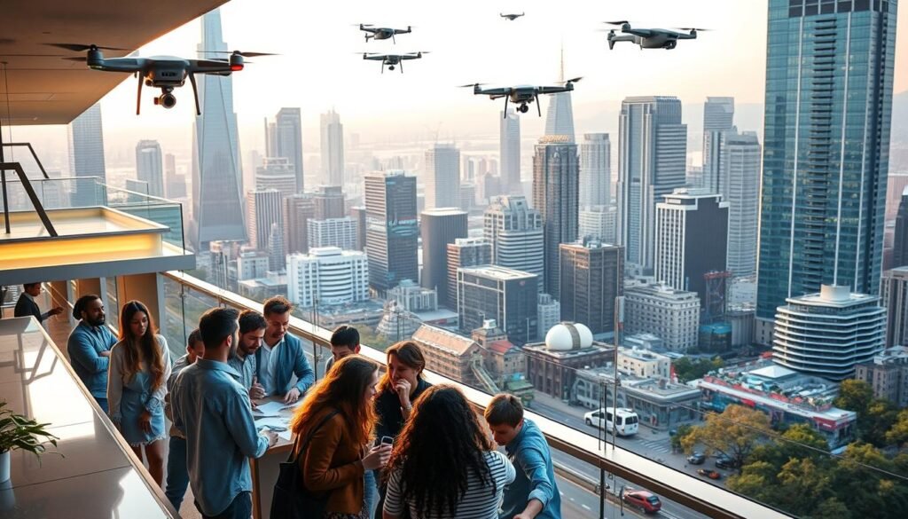 A bustling urban landscape with vibrant coworking spaces, incubators, and accelerators dotting the skyline. In the foreground, a diverse group of entrepreneurs collaborating at a sleek, minimalist workspace, their faces animated with energy and ideas. Overhead, drones and delivery vehicles weave through the cityscape, symbolizing the rapid pace of innovation. The scene is bathed in warm, golden light, creating a sense of possibility and opportunity. In the background, towering skyscrapers and modern architecture stand as a testament to the region's thriving tech and startup ecosystem.