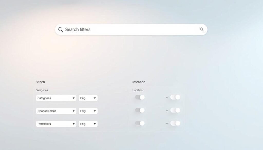 A clean, modern healthcare search filters interface with a sleek, minimalist design. The foreground features a well-organized grid layout of filter options, including categories, specialties, insurance plans, and location. The middle ground showcases a prominent search bar and a set of toggle buttons to refine the search. The background has a soothing, muted color palette with subtle gradient accents, creating a calming and professional atmosphere. The lighting is soft and natural, with a slight directional emphasis to accentuate the interface elements. The camera angle is slightly elevated, providing a clear overview of the entire system, conveying a sense of functionality and user-friendliness.
