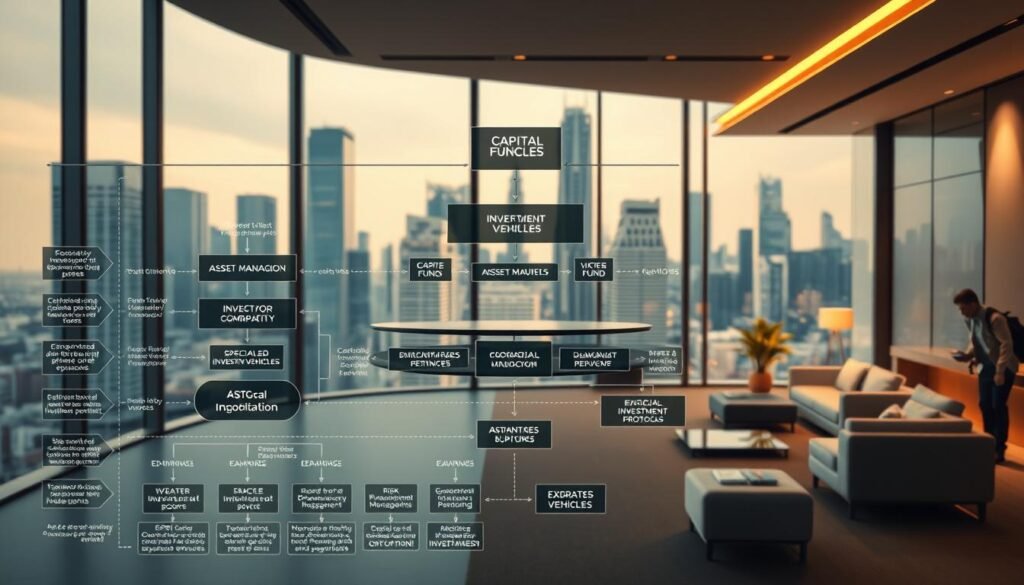 A complex and intricate investment fund structure, meticulously designed to optimize capital allocation and financial growth. In the foreground, a detailed schematic showcasing the interconnected layers of the fund, from investors and asset managers to specialized investment vehicles and risk management protocols. The middle ground features a sleek, modern office space, with clean lines and sophisticated furnishings, conveying a sense of professionalism and financial acumen. In the background, a cityscape of towering skyscrapers and bustling urban activity, symbolizing the dynamic global markets in which the fund operates. Warm, directional lighting illuminates the scene, casting subtle shadows and highlighting the intricate details of the fund structure. The overall atmosphere is one of calculated precision, financial prowess, and a steadfast commitment to driving sustainable growth and returns.