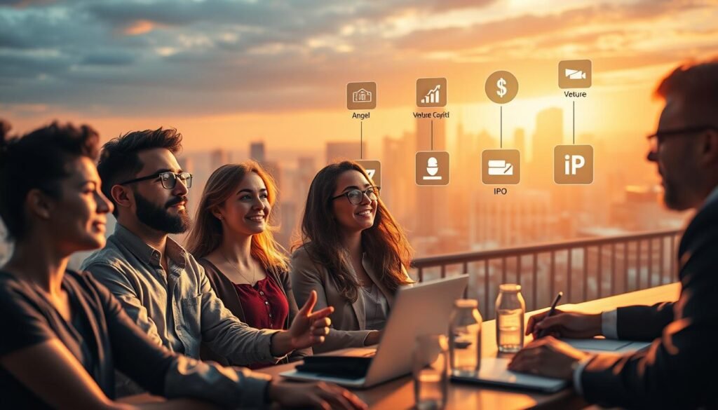 A dynamic and vibrant image depicting the stages of the startup funding journey. The foreground showcases a group of diverse entrepreneurs pitching their ideas to a panel of investors, their expressions filled with determination and anticipation. The middle ground features a series of floating icons representing the key funding stages - from seed funding and angel investment to venture capital and IPO. The background is a city skyline bathed in a warm, golden light, symbolizing the growth and success of the startups. The composition is framed by a sleek, minimalist design, creating a polished, professional atmosphere. Cinematic lighting and a shallow depth of field draw the viewer's attention to the central narrative. Overall, the image conveys the excitement, challenges, and transformative potential of the startup funding journey.