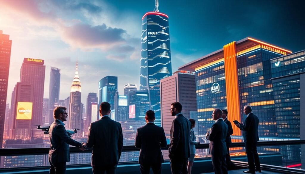 A dynamic cityscape illuminated by the glow of skyscrapers and neon signs, symbolizing the vibrant technology ecosystem. In the foreground, handshakes and negotiations between industry leaders, representing strategic partnerships. The middle ground showcases cutting-edge innovations, such as drones, virtual reality headsets, and sleek laptops, reflecting key technology investments. The background features a towering, futuristic tech hub, its architecture a blend of glass, steel, and clean lines. Soft, warm lighting casts an air of progress and collaboration, while the overall composition conveys a sense of momentum and growth in the tech industry. A dynamic cityscape illuminated by the glow of skyscrapers and neon signs, symbolizing the vibrant technology ecosystem. In the foreground, handshakes and negotiations between industry leaders, representing strategic partnerships. The middle ground showcases cutting-edge innovations, such as drones, virtual reality headsets, and sleek laptops, reflecting key technology investments. The background features a towering, futuristic tech hub, its architecture a blend of glass, steel, and clean lines. Soft, warm lighting casts an air of progress and collaboration, while the overall composition conveys a sense of momentum and growth in the tech industry.