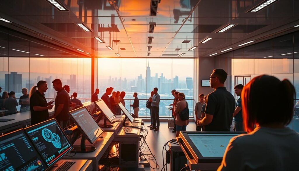 A gleaming innovation hub, bathed in warm, directional lighting that casts dynamic shadows. In the foreground, an array of specialized programs are on display - sleek, futuristic interfaces and modular, interchangeable components. The middle ground showcases a diverse group of students and professionals, deeply engaged in hands-on exploration and collaboration. In the background, a panoramic view of a vibrant, tech-forward city skyline, symbolizing the far-reaching impact of these cutting-edge offerings. The overall atmosphere exudes a sense of progress, possibility, and the collective pursuit of transformative solutions.