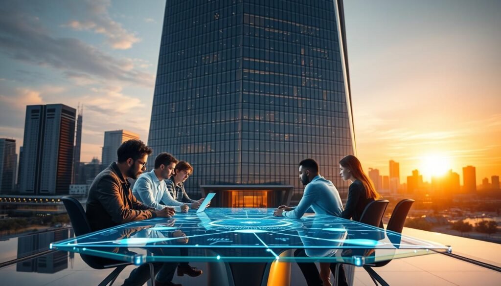 A grand and futuristic business incubator rises against a backdrop of a gleaming cityscape. In the foreground, a group of determined entrepreneurs huddle around a holographic conference table, their faces illuminated by the warm glow of cutting-edge technology. The building's sleek, angular architecture is bathed in the soft, diffused light of a golden hour sunset, conveying a sense of innovation, ambition, and limitless potential. The scene evokes a vision of a thriving entrepreneurial ecosystem, where visionary ideas are nurtured and transformed into reality.