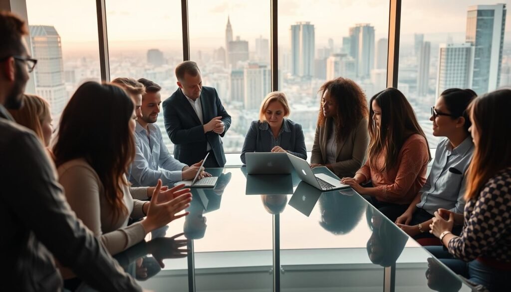A group of diverse entrepreneurs engage in lively discussion, surrounded by a modern, well-lit office space. In the foreground, a team collaborates over a sleek, glass-topped table, gesturing animatedly. In the middle ground, mentors offer guidance to smaller groups huddled around laptops, their expressions thoughtful. The background features floor-to-ceiling windows, letting in warm, natural light and offering a view of the bustling city skyline beyond. An atmosphere of creativity, innovation, and mutual support permeates the scene, capturing the essence of strategic partnerships and entrepreneur support initiatives. A group of diverse entrepreneurs engage in lively discussion, surrounded by a modern, well-lit office space. In the foreground, a team collaborates over a sleek, glass-topped table, gesturing animatedly. In the middle ground, mentors offer guidance to smaller groups huddled around laptops, their expressions thoughtful. The background features floor-to-ceiling windows, letting in warm, natural light and offering a view of the bustling city skyline beyond. An atmosphere of creativity, innovation, and mutual support permeates the scene, capturing the essence of strategic partnerships and entrepreneur support initiatives.