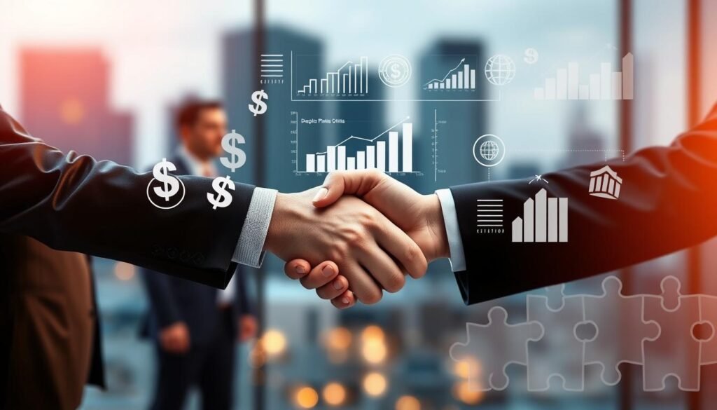A high-quality financial report with strategic partnerships illustrated through handshake icons, currency symbols, and graphs. The foreground depicts two businesspeople in formal attire shaking hands against a blurred backdrop of office buildings and skyline. The midground showcases charts, graphs, and infographics highlighting key financial metrics and partnership details. The background features a subtle pattern of interlocking puzzle pieces, symbolizing the interconnected nature of strategic alliances. Warm, professional lighting illuminates the scene, creating a sense of collaboration and growth. Crisp, detailed rendering with a slight cinematic depth of field.