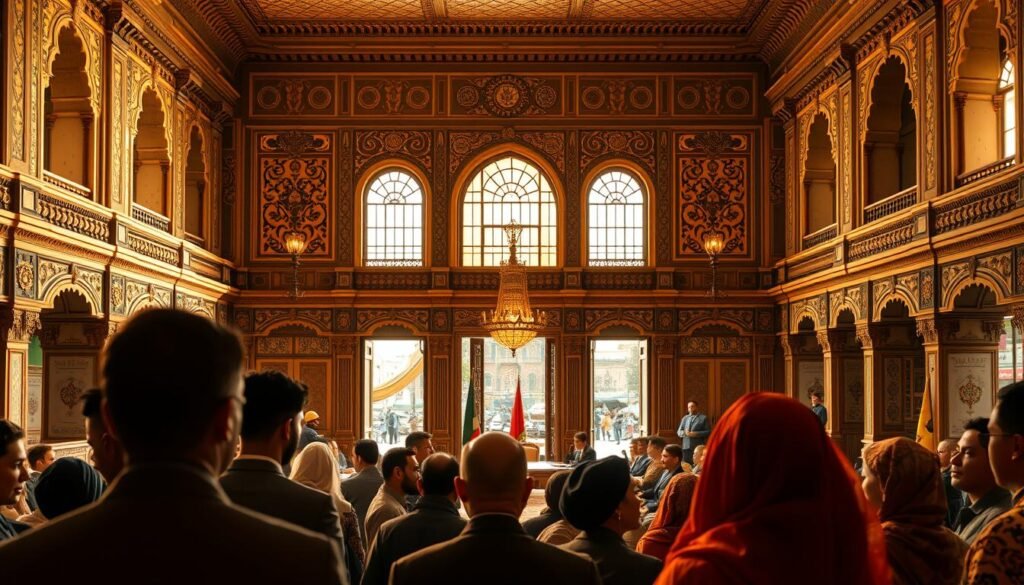 A magnificent Moroccan palace, its intricate architecture a testament to Endeavor's commitment to governance and leadership. In the foreground, a group of determined individuals gather, their expressions conveying the weight of their mission. The midground showcases a grand meeting room, its ornate furnishings and large windows radiating a sense of authority and purpose. In the background, the vibrant streets of Marrakech beckon, hinting at the energy and dynamism that fuels Endeavor's high-impact entrepreneurial ecosystem. Warm lighting casts a golden glow, capturing the spirit of innovation and transformation that permeates Endeavor Morocco's vision. A magnificent Moroccan palace, its intricate architecture a testament to Endeavor's commitment to governance and leadership. In the foreground, a group of determined individuals gather, their expressions conveying the weight of their mission. The midground showcases a grand meeting room, its ornate furnishings and large windows radiating a sense of authority and purpose. In the background, the vibrant streets of Marrakech beckon, hinting at the energy and dynamism that fuels Endeavor's high-impact entrepreneurial ecosystem. Warm lighting casts a golden glow, capturing the spirit of innovation and transformation that permeates Endeavor Morocco's vision.