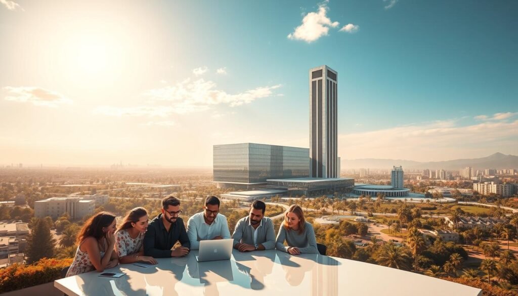 A majestic, sun-dappled landscape unfolds, showcasing the vibrant vision of the Kluster CFCIM startup program. In the foreground, a group of energetic entrepreneurs collaborate around a sleek, modern table, their faces alight with innovation. Towering behind them, a sprawling, state-of-the-art campus rises, its glass facades reflecting the Moroccan sky. In the distance, a network of interconnected buildings and lush gardens suggest a thriving, interconnected ecosystem, fostering the growth of Moroccan businesses. Warm, golden lighting suffuses the scene, conveying a sense of opportunity and possibility. The overall atmosphere evokes a dynamic, forward-thinking future for Moroccan entrepreneurship.