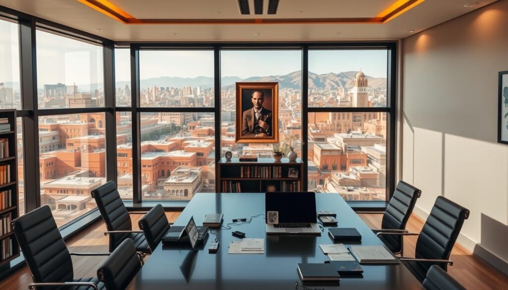A modern Moroccan office interior with a large window overlooking the bustling city skyline. In the foreground, a sleek conference table is surrounded by stylish chairs, with various electronic devices and papers hinting at an active investment portfolio discussion. The middle ground features bookshelves and framed artwork, reflecting the cultural influences. Warm, indirect lighting creates a professional yet inviting atmosphere. The background showcases the vibrant Moroccan architecture and the distant Atlas Mountains, conveying a sense of dynamic growth and opportunity.