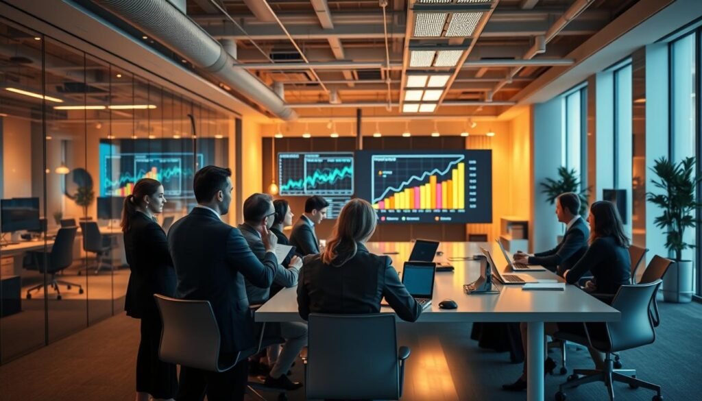 A modern fintech office interior, bathed in warm, soft lighting. In the foreground, a team of executives gathered around a sleek conference table, engaged in a lively discussion, documents and laptops in hand. The middle ground showcases a dynamic visualization of funding data, with colorful graphs and charts projected on a large display. In the background, the office environment is filled with the latest technological equipment, subtly hinting at the company's innovative spirit and growth potential. The overall atmosphere exudes a sense of collaboration, progress, and the excitement of a thriving fintech ecosystem.