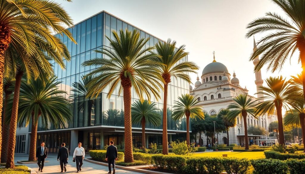 A modern, glass-and-steel office building nestled amidst lush palm trees, situated in the heart of Casablanca's bustling financial district. Warm, golden sunlight filters through large windows, casting a soft glow over the sleek, minimalist architecture. The facade features clean lines and a prominent company logo, projecting an image of sophistication and innovation. In the foreground, well-dressed professionals stroll along the meticulously landscaped grounds, while in the background, the iconic Hassan II Mosque stands as a majestic, historic counterpoint. The atmosphere exudes a sense of entrepreneurial energy and global connectivity, perfectly capturing the essence of Outlierz Ventures, Morocco's leading investment hub.