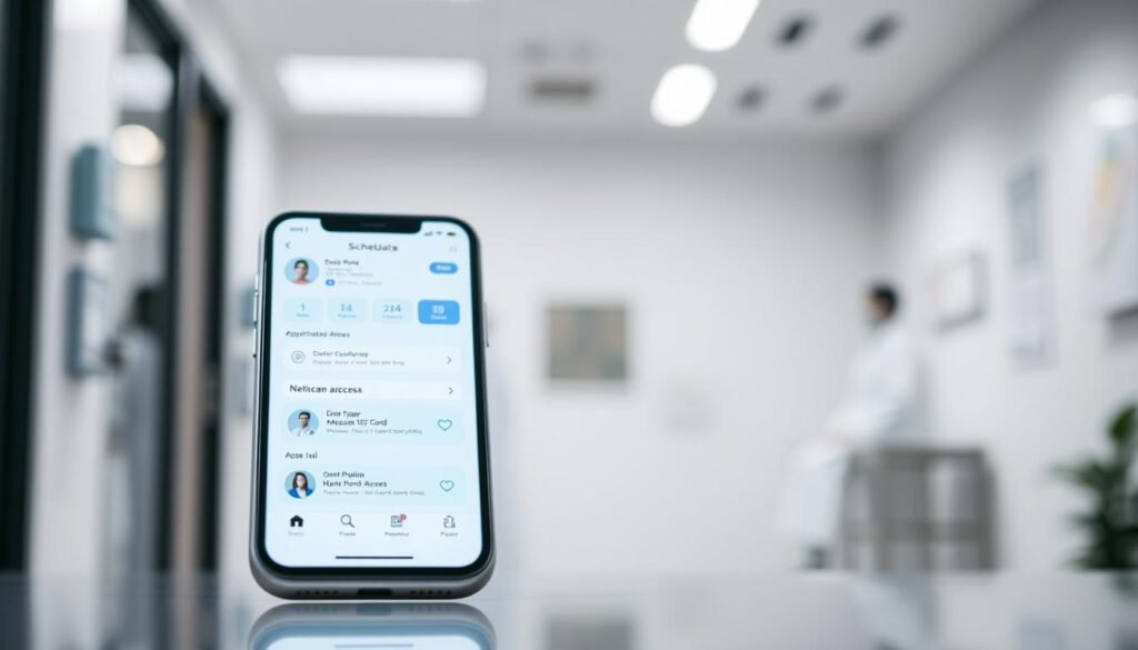 A modern, intuitive mobile healthcare app interface showcasing a clean and organized layout. In the foreground, a sleek smartphone display with a user-friendly dashboard, displaying appointment scheduling, doctor profiles, and medical record access. The middle ground features a minimalist color palette of blues, grays, and whites, creating a calming and professional atmosphere. In the background, a blurred medical clinic setting, hinting at the app's real-world integration and connectivity. Soft lighting illuminates the screen, highlighting the app's functionality and seamless user experience. The overall composition conveys a sense of accessibility, efficiency, and trust in the healthcare services at hand.