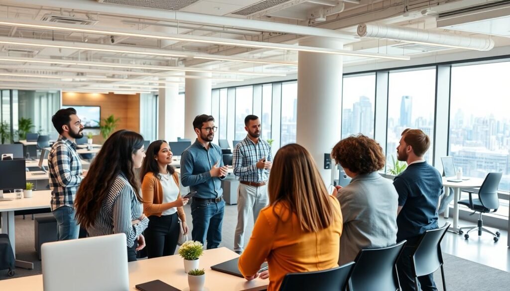 A modern office space filled with natural light, clean lines, and a sense of dynamic energy. In the foreground, a team of diverse entrepreneurs pitch their startup ideas to a panel of attentive investors, their faces alight with anticipation. The middle ground showcases sleek workstations, collaboration areas, and state-of-the-art technology, symbolizing the comprehensive support available. In the background, a panoramic view of a vibrant city skyline, hinting at the broader entrepreneurial ecosystem. The scene conveys an atmosphere of innovation, opportunity, and the promise of transformative investment.