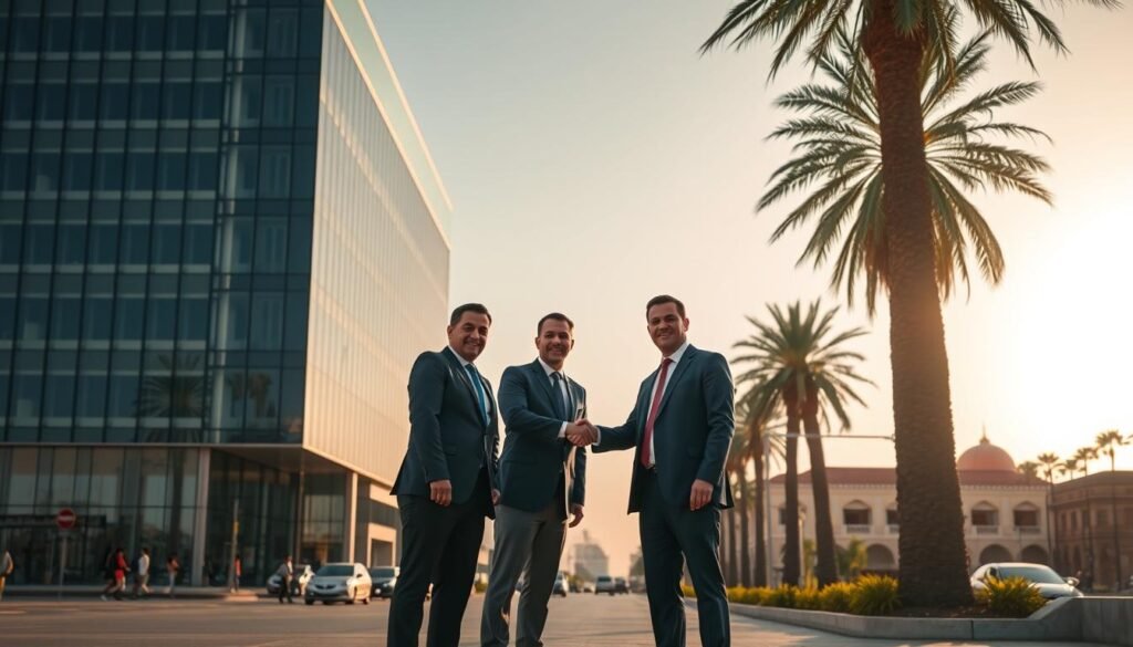 A modern, sleek glass and steel office building stands in the foreground, its facade gleaming in the warm Moroccan sun. In the middle ground, executives from ORA Technologies and AZUR INNOVATION FUND shake hands, sealing a historic acquisition deal. The background features the bustling streets of Casablanca, with traditional Moroccan architecture and palm trees lining the horizon. The scene exudes a sense of progress, innovation, and the blending of old and new. Soft, directional lighting casts long shadows, creating a dramatic, cinematic atmosphere. The overall impression is one of a significant milestone in Morocco's burgeoning startup ecosystem.