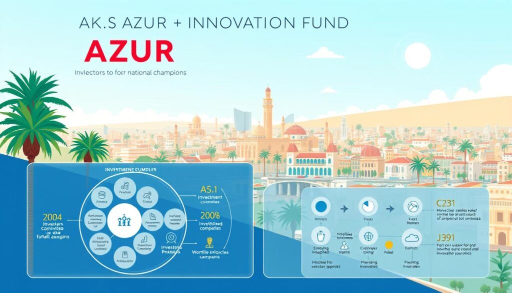 A modern, vibrant illustration depicting the structure of the AZUR INNOVATION FUND, a Moroccan investment vehicle designed to foster national champions. In the foreground, a detailed schematic outlines the fund's key components - investors, investment committee, and portfolio companies. The middle ground showcases the fund's mission and investment focus, with icons representing emerging industries and innovative startups. In the background, a bustling Moroccan cityscape provides context, featuring iconic architecture, palm trees, and a cloudless sky. The overall scene conveys a sense of dynamism, progress, and Moroccan entrepreneurial spirit. Rendered in a clean, infographic style with a color palette of blues, greens, and golds to evoke the fund's brand.