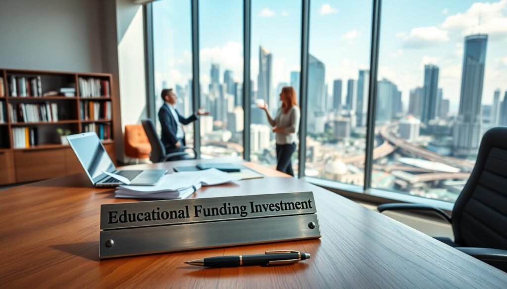 A modern, well-lit office space with a large window overlooking a bustling city skyline. In the foreground, a wooden desk with a laptop, a stack of documents, and a pen. Atop the desk, a shiny metal sign with the words "Educational Funding Investment" engraved. Behind the desk, an ergonomic office chair and a bookshelf filled with business books. The middle ground features two people, a man and a woman, engaged in a thoughtful discussion, gesturing towards the desk. The background showcases a vibrant, futuristic cityscape, with skyscrapers and transport infrastructure. The overall atmosphere is one of progress, innovation, and a commitment to educational advancement.