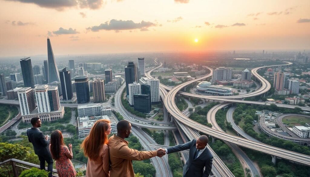 A panoramic view of a bustling African cityscape, with towering skyscrapers and modern infrastructure intertwined with lush greenery. In the foreground, a diverse group of business people shake hands, symbolizing the collaborative spirit of pan-African investment. The mid-ground features a network of roads and railways, representing the continent's interconnectedness. In the background, a vibrant sunset casts a warm, golden glow, conveying a sense of growth, opportunity, and optimism. Crisp, high-definition details, using a wide-angle lens to capture the expansive scene. The overall atmosphere exudes a feeling of dynamism, progress, and the collective potential of Africa's investment landscape. A panoramic view of a bustling African cityscape, with towering skyscrapers and modern infrastructure intertwined with lush greenery. In the foreground, a diverse group of business people shake hands, symbolizing the collaborative spirit of pan-African investment. The mid-ground features a network of roads and railways, representing the continent's interconnectedness. In the background, a vibrant sunset casts a warm, golden glow, conveying a sense of growth, opportunity, and optimism. Crisp, high-definition details, using a wide-angle lens to capture the expansive scene. The overall atmosphere exudes a feeling of dynamism, progress, and the collective potential of Africa's investment landscape.