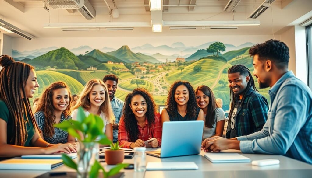 A serene and vibrant image of social entrepreneurship in action. In the foreground, a diverse group of individuals collaborating passionately, their faces alight with purpose. The middle ground showcases a sleek, modern office space, filled with innovative tools and technology. In the background, a mural depicting lush, verdant landscapes and thriving communities, symbolizing the far-reaching impact of their mission. Warm, natural lighting illuminates the scene, creating an atmosphere of optimism and innovation. Captured through the lens of a wide-angle camera, the image conveys a holistic view of the incubator's commitment to sustainability, collaboration, and positive social change.